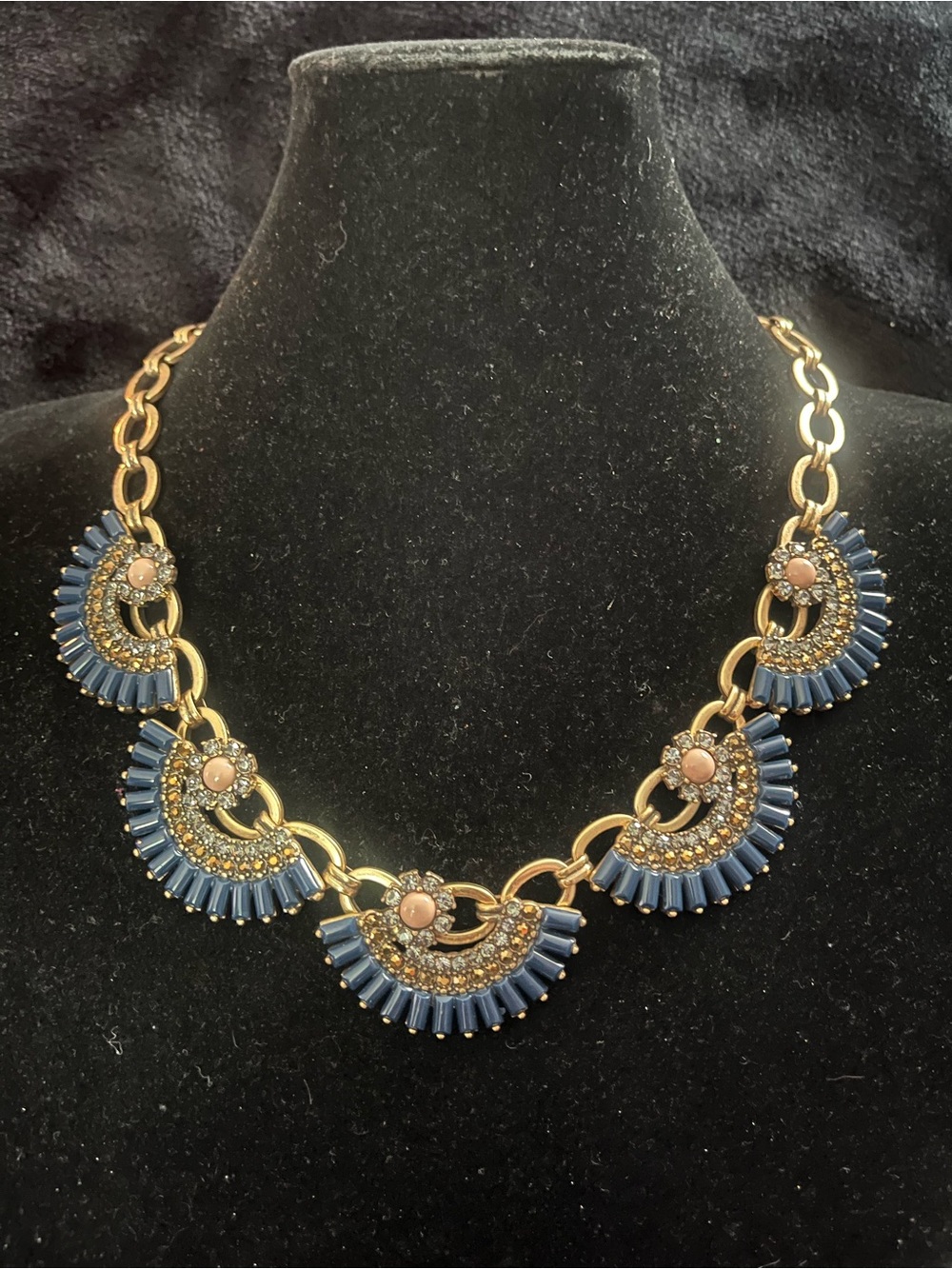 J.Crew gold -Tone Navy Fan Statement Necklace with Pink Accents